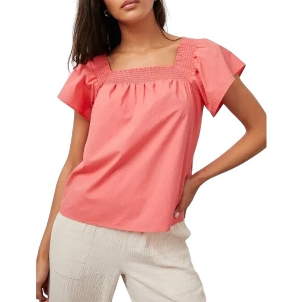 Rails Sonora Spiced Coral Square Neck Smocked Blouse Womens Size Large